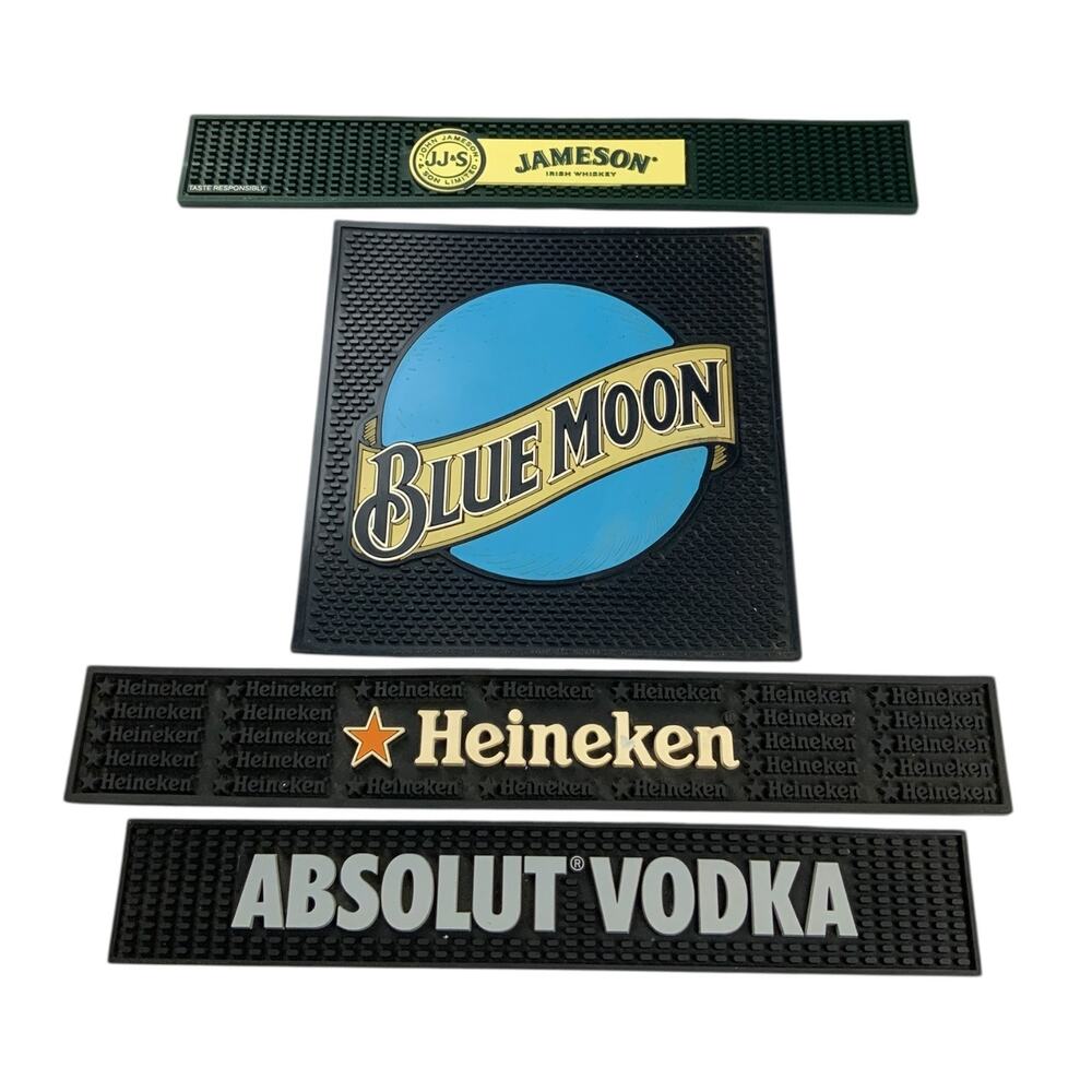 Bar Mat Lot Blue Moon Heineken Absolut Jameson Rubber Spill Mats Set Heavyweight